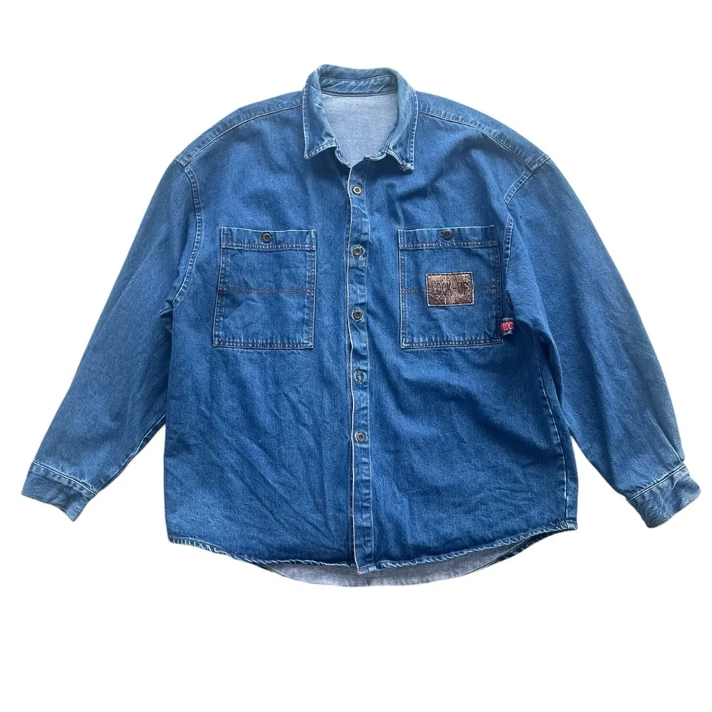 Lock Up Denim Mens XXL Med Wash Denim Button Front Long Sleeve Jean Shirt Jacket